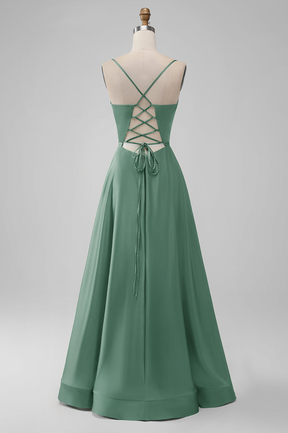 Wedtrend Women Green Bridesmaid Dress with Lace-up Back A-Line Spaghetti Straps Long Wedding Party Dress, Eucalyptus / US10