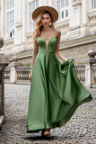 Green A Line Spaghetti Straps Lace-up Back Long Bridesmaid Dress