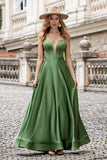 Green A Line Spaghetti Straps Lace-up Back Long Bridesmaid Dress