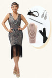 Sparkly Black Apricot V-Neck Fringed Bodycon 1920s Dress with 5-Piece Accessories Set