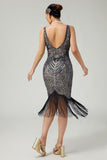 Sparkly Black Apricot V-Neck Fringed Bodycon 1920s Dress with 5-Piece Accessories Set
