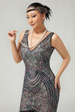 Sparkly Black Apricot V-Neck Fringed Bodycon 1920s Dress with 5-Piece Accessories Set