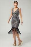 Sparkly Black Apricot V-Neck Fringed Bodycon 1920s Dress with 5-Piece Accessories Set
