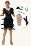Black Bodycon Fringed Cut Out 1920s Dress with Accessories Set