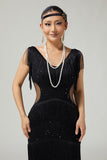 Black Bodycon Fringed Cut Out 1920s Dress with Accessories Set