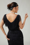 Black Bodycon Fringed Cut Out 1920s Dress with Accessories Set