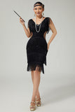 Black Bodycon Fringed Cut Out 1920s Dress with Accessories Set