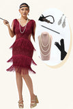 Burgundy Bodycon Cut Out Fringed 1920s Dress with Accessories Set