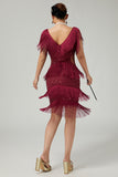 Burgundy Bodycon Cut Out Fringed 1920s Dress with Accessories Set