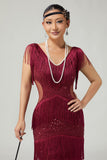 Burgundy Bodycon Cut Out Fringed 1920s Dress with Accessories Set