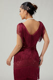 Burgundy Bodycon Cut Out Fringed 1920s Dress with Accessories Set