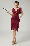Burgundy Bodycon Cut Out Fringed 1920s Dress with Accessories Set
