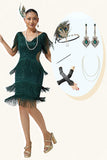 Dark Green V-Neck Fringed Bodycon 1920s Dress with 5-Piece Accessories Set
