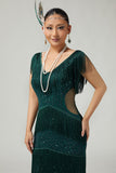 Dark Green V-Neck Fringed Bodycon 1920s Dress with 5-Piece Accessories Set