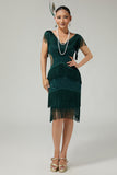 Dark Green V-Neck Fringed Bodycon 1920s Dress with 5-Piece Accessories Set