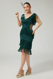 Dark Green V-Neck Fringed Bodycon 1920s Dress with 5-Piece Accessories Set