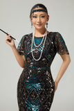 Sparkly Black Blue Bodycon Beaded 1920s Dress with Accessories Set