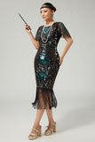 Sparkly Black Blue Bodycon Beaded 1920s Dress with Accessories Set