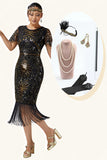 Black Golden Sequins Bodycon Fringed 1920s Dress with 5-Piece Accessories Set