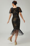 Black Golden Sequins Bodycon Fringed 1920s Dress with 5-Piece Accessories Set