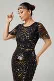Black Golden Sequins Bodycon Fringed 1920s Dress with 5-Piece Accessories Set