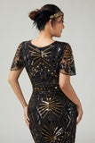 Black Golden Sequins Bodycon Fringed 1920s Dress with 5-Piece Accessories Set
