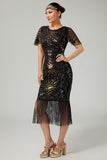Black Golden Sequins Bodycon Fringed 1920s Dress with 5-Piece Accessories Set