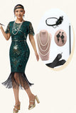 Dark Green Beaded Bodycon Fringed 1920s Dress with 5-Piece Accessories Set