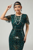 Dark Green Beaded Bodycon Fringed 1920s Dress with 5-Piece Accessories Set