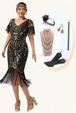 Sparkly Black Golden V-Neck Bodycon Fringed 1920s Dress with 5-Piece Accessories Set