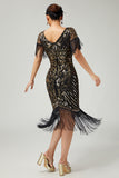 Sparkly Black Golden V-Neck Bodycon Fringed 1920s Dress with 5-Piece Accessories Set