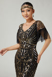 Sparkly Black Golden V-Neck Bodycon Fringed 1920s Dress with 5-Piece Accessories Set