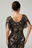Sparkly Black Golden V-Neck Bodycon Fringed 1920s Dress with 5-Piece Accessories Set