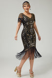 Sparkly Black Golden V-Neck Bodycon Fringed 1920s Dress with 5-Piece Accessories Set