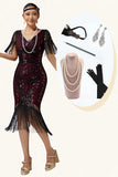 Burgundy V-Neck Bodycon Sequins Fringed 1920s Dress with Accessories Set