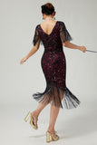 Burgundy V-Neck Bodycon Sequins Fringed 1920s Dress with Accessories Set
