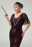 Burgundy V-Neck Bodycon Sequins Fringed 1920s Dress with Accessories Set