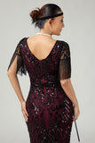 Burgundy V-Neck Bodycon Sequins Fringed 1920s Dress with Accessories Set