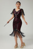 Burgundy V-Neck Bodycon Sequins Fringed 1920s Dress with Accessories Set