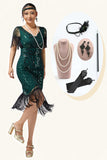 Dark Green Bodycon Sequins V-Neck Fringed 1920s Dress with 5-Piece Accessories Set