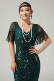 Dark Green Bodycon Sequins V-Neck Fringed 1920s Dress with 5-Piece Accessories Set