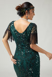 Dark Green Bodycon Sequins V-Neck Fringed 1920s Dress with 5-Piece Accessories Set