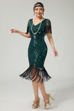 Dark Green Bodycon Sequins V-Neck Fringed 1920s Dress with 5-Piece Accessories Set