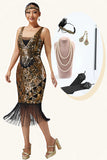 Black Golden Bodycon Sequins Fringed 1920s Dress with 5-Piece Accessories Set