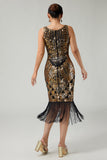 Black Golden Bodycon Sequins Fringed 1920s Dress with 5-Piece Accessories Set