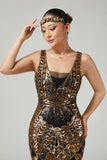 Black Golden Bodycon Sequins Fringed 1920s Dress with 5-Piece Accessories Set
