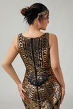 Black Golden Bodycon Sequins Fringed 1920s Dress with 5-Piece Accessories Set