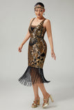 Black Golden Bodycon Sequins Fringed 1920s Dress with 5-Piece Accessories Set