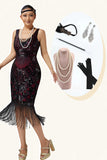 Burgundy Fringed Bodycon Sequins 1920s Dress with 5-Piece Accessories Set