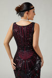 Burgundy Fringed Bodycon Sequins 1920s Dress with 5-Piece Accessories Set
